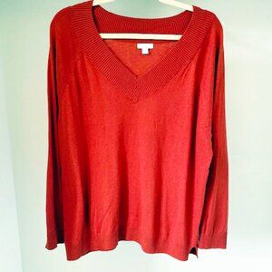 J. JILL V-Neck Sweater Women's L Dark Orange Relaxed Fit Ribbed Neckline